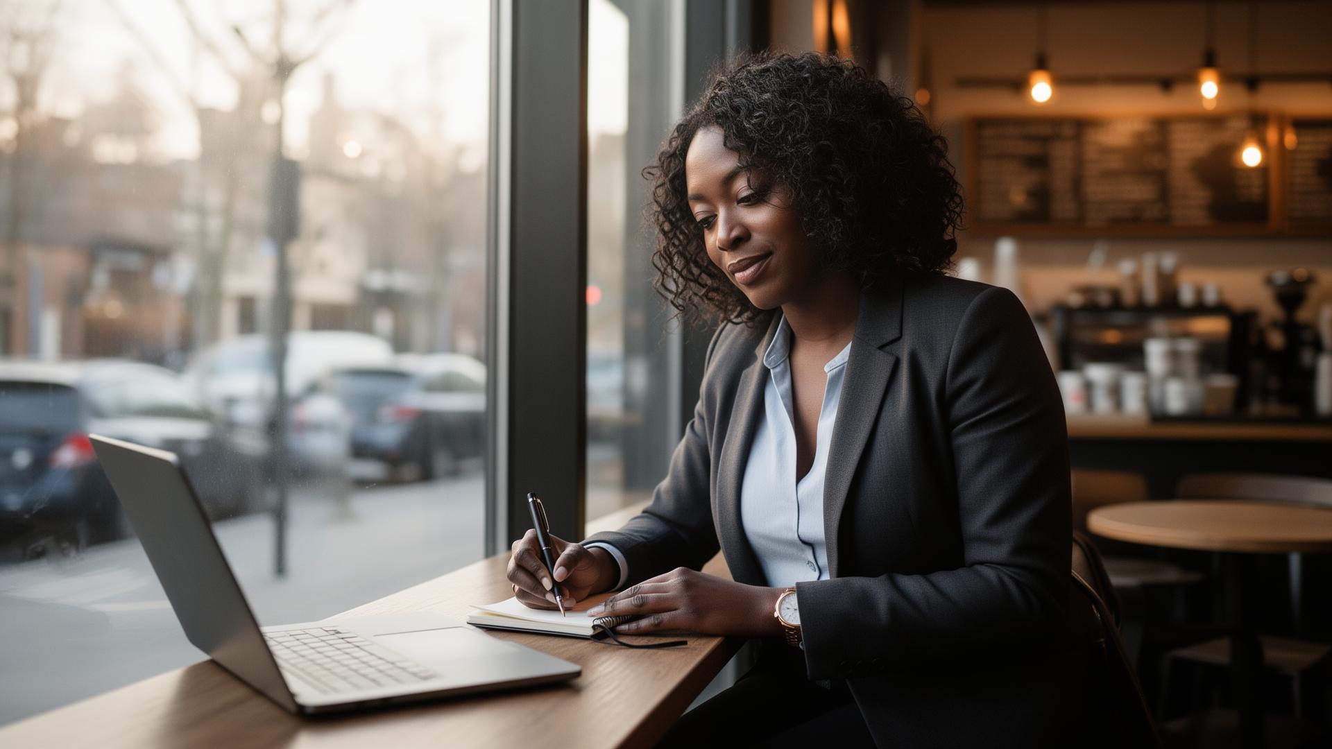 Professional woman writing in a notebook at a coffee shop window
