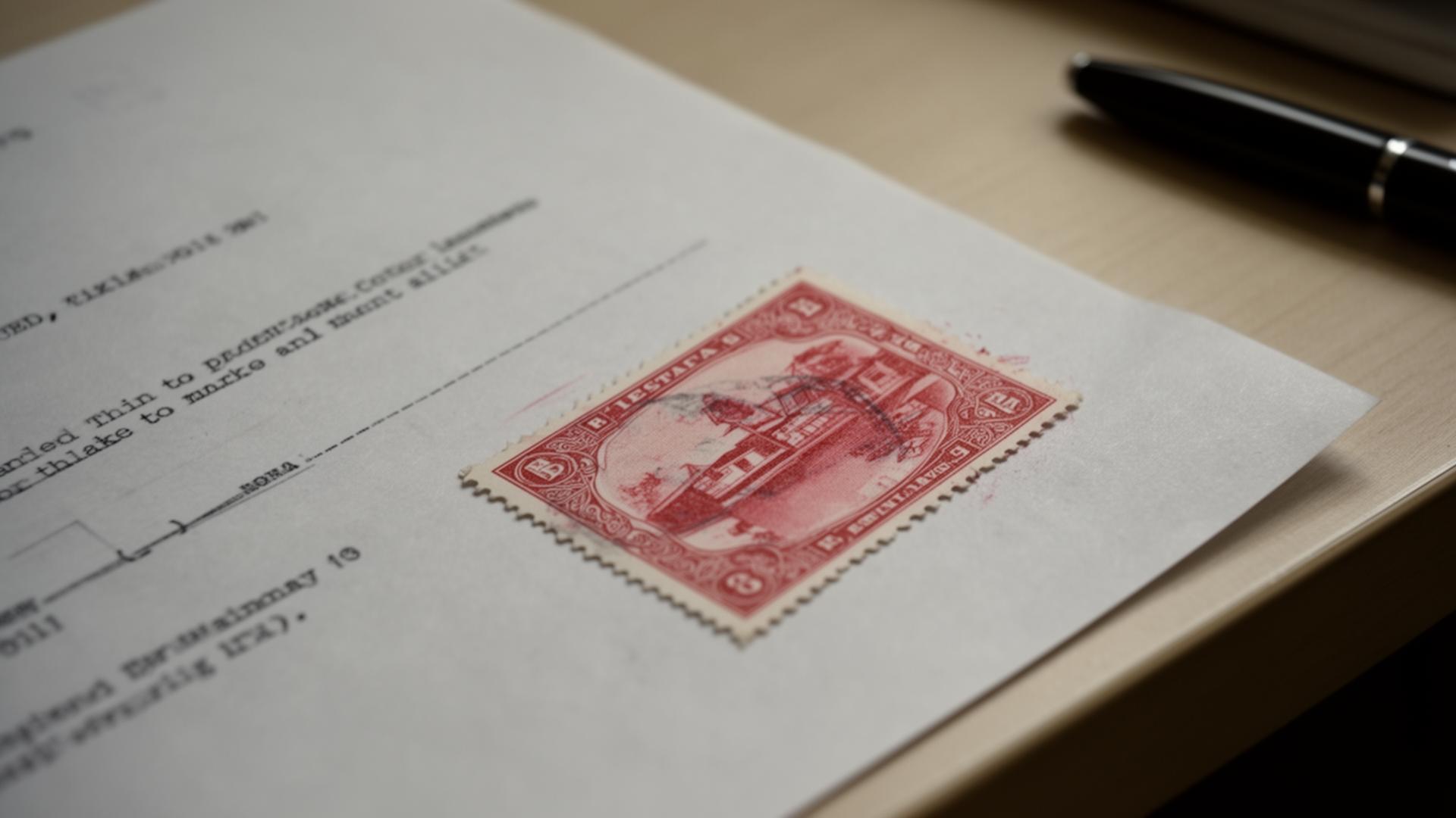 Red stamp marking a paper document on a desk beside a pen