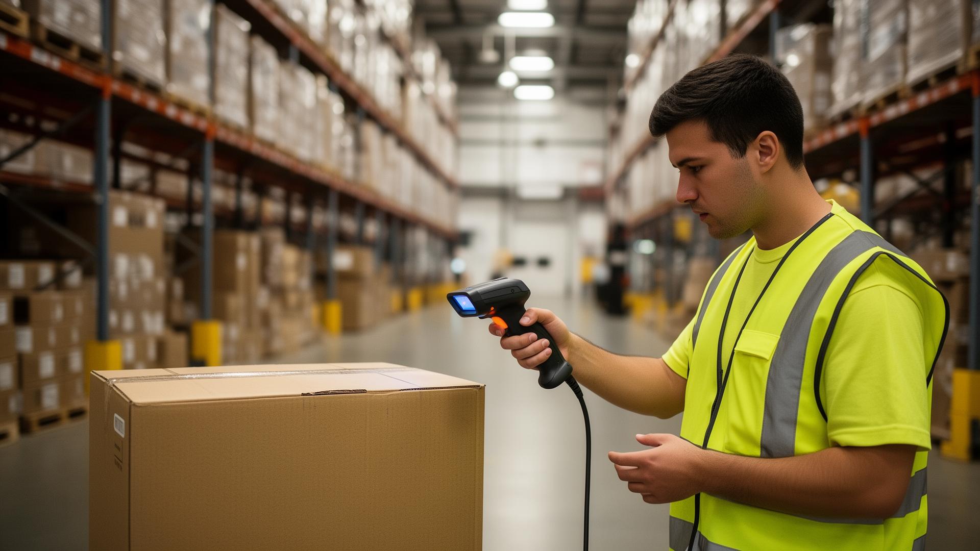 Warehouse worker scanning a box with an RF scanner