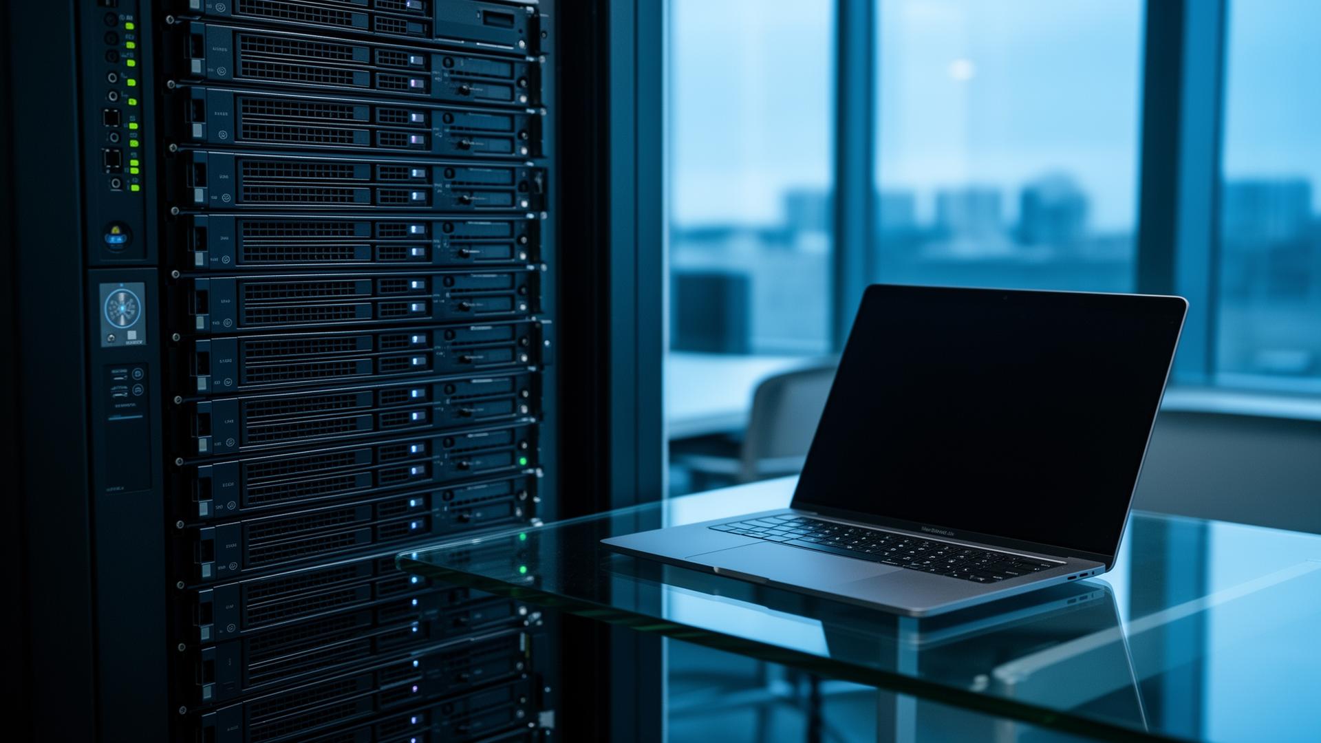 Server rack next to a sleek laptop in a modern office