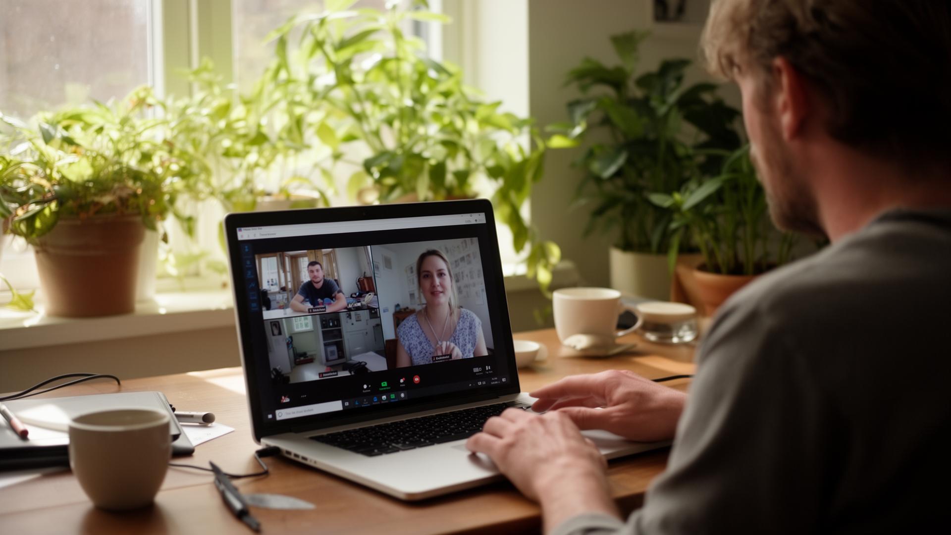 Remote worker on a video call from a sunny home office
