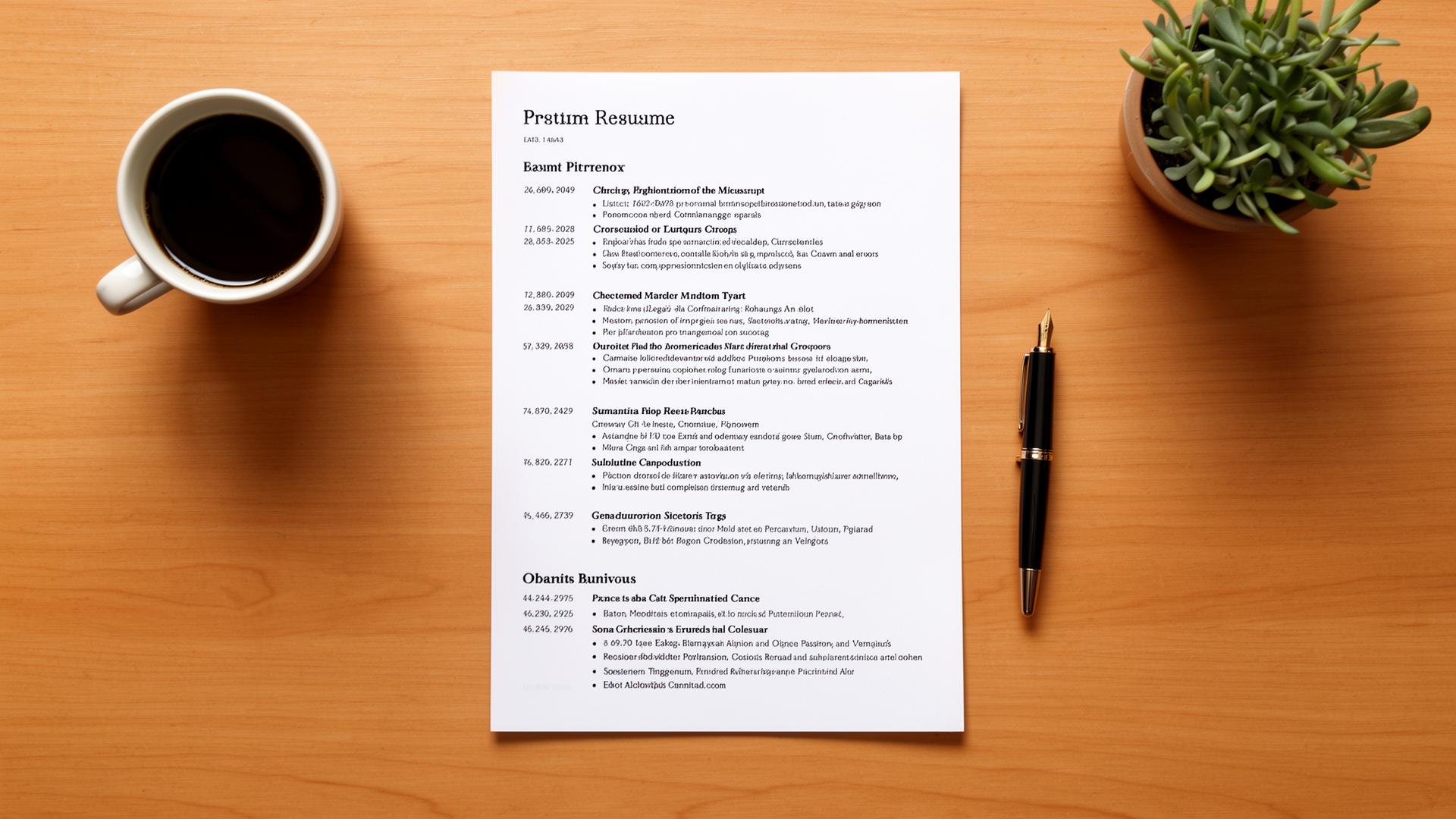 Overhead view of a printed resume, fountain pen, coffee cup, and small plant on a wooden desk