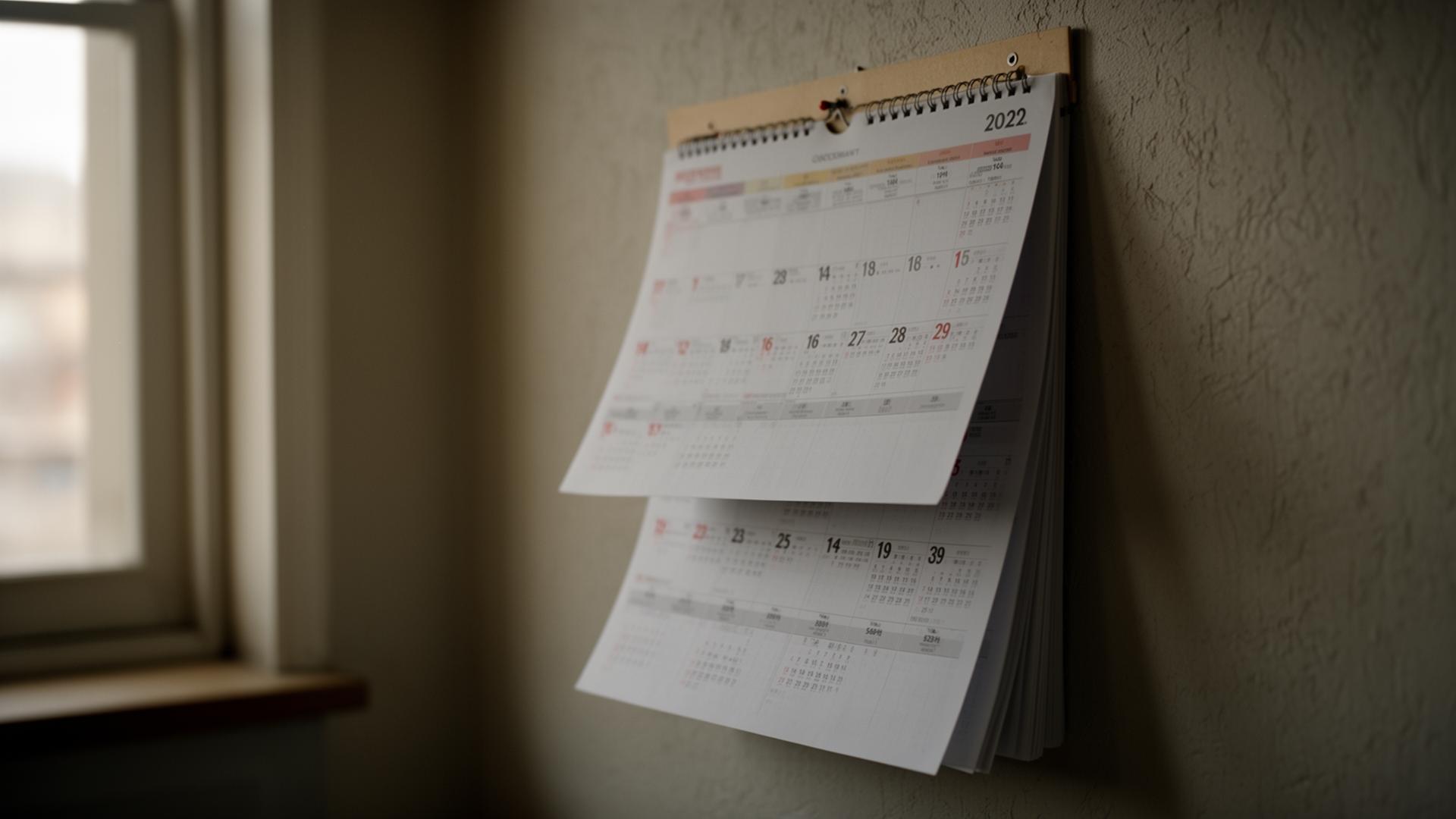 Wall calendar with pages partially flipped in soft window light