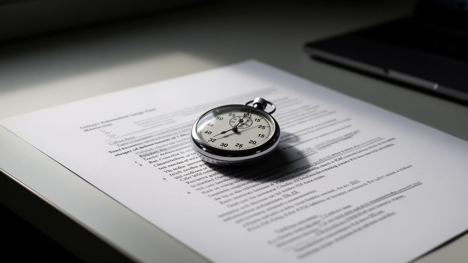 Stopwatch resting on top of a printed document on a modern desk