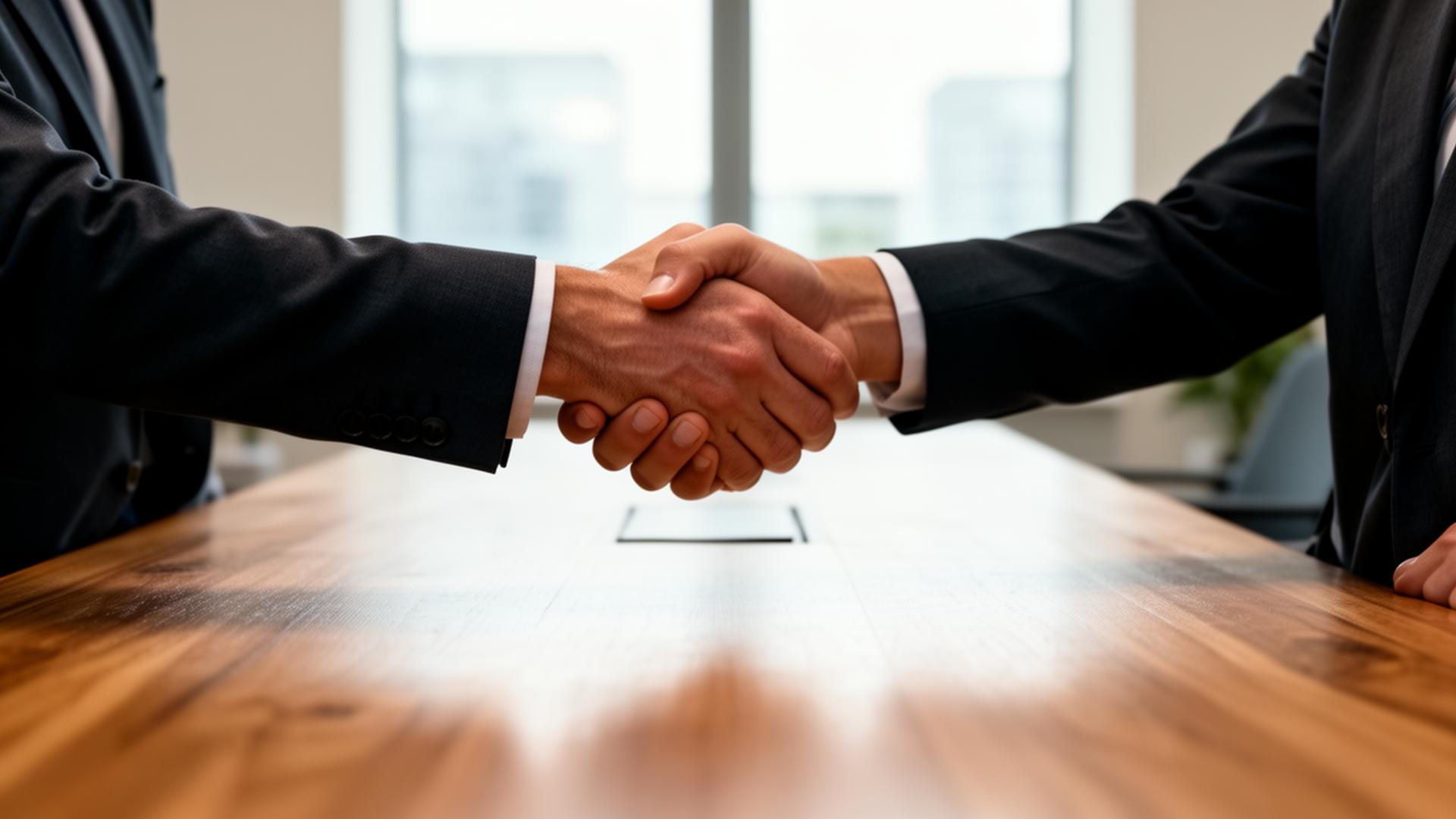 Handshake between two professionals across a meeting table