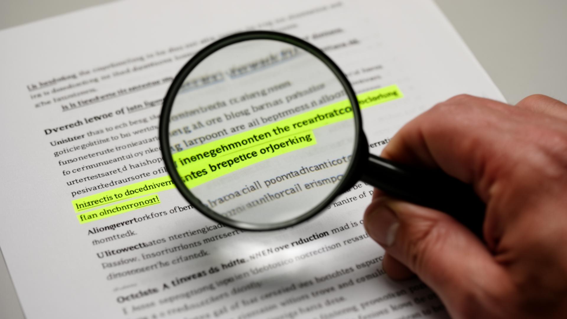 Magnifying glass over highlighted keywords on a printed document