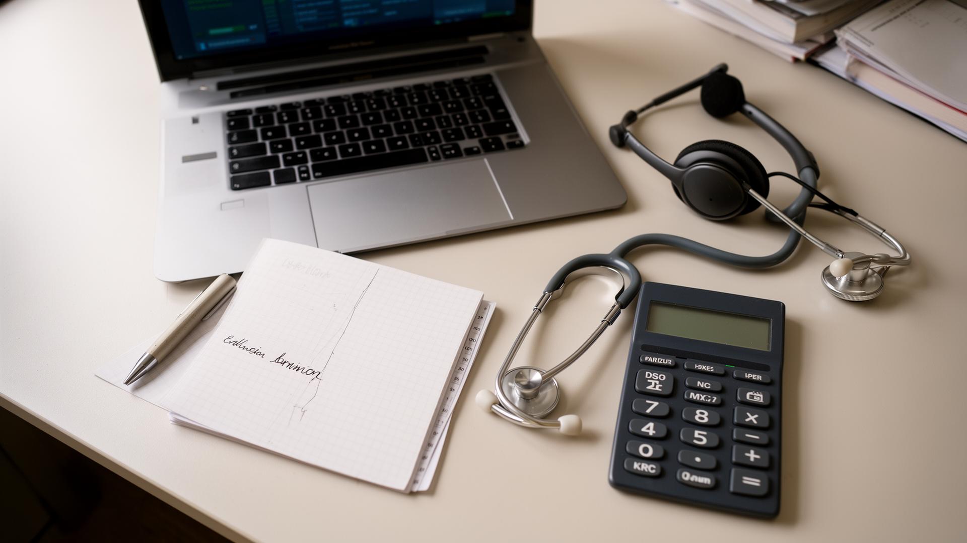Tidy desk with laptop, stethoscope, headset, and calculator representing varied professional skills