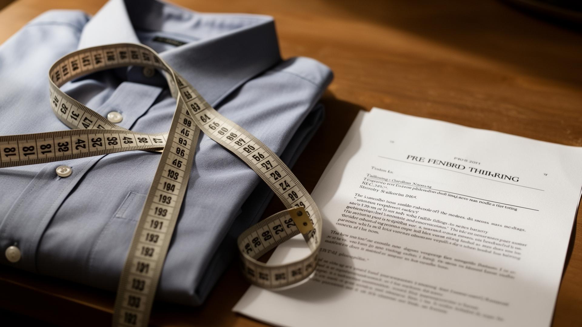 Tailor's measuring tape draped over a folded shirt next to a printed document