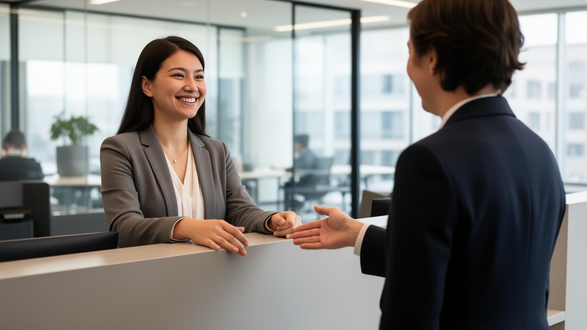Smiling professional greeting a visitor in a modern office