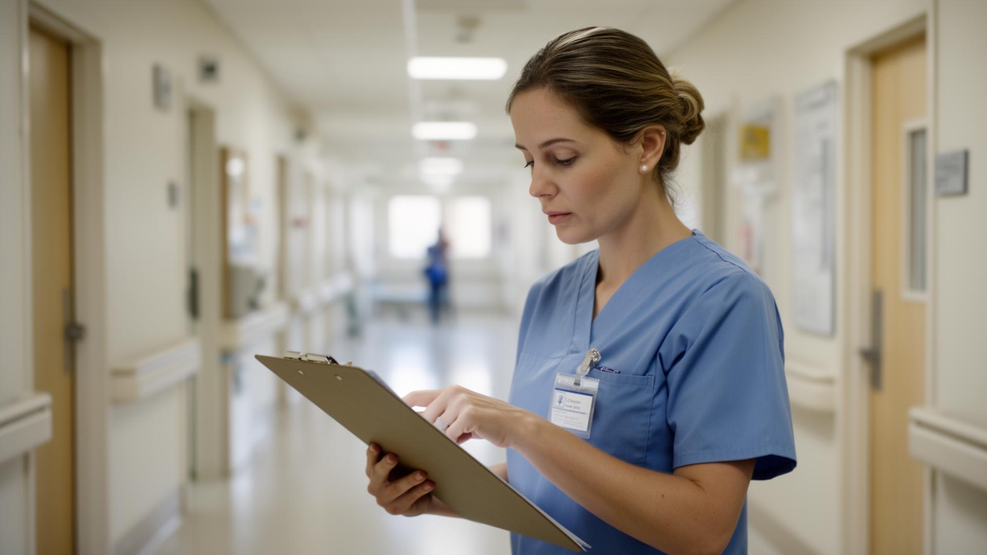 Nurse in scrubs reviewing a clipboard in a hospital corridor
