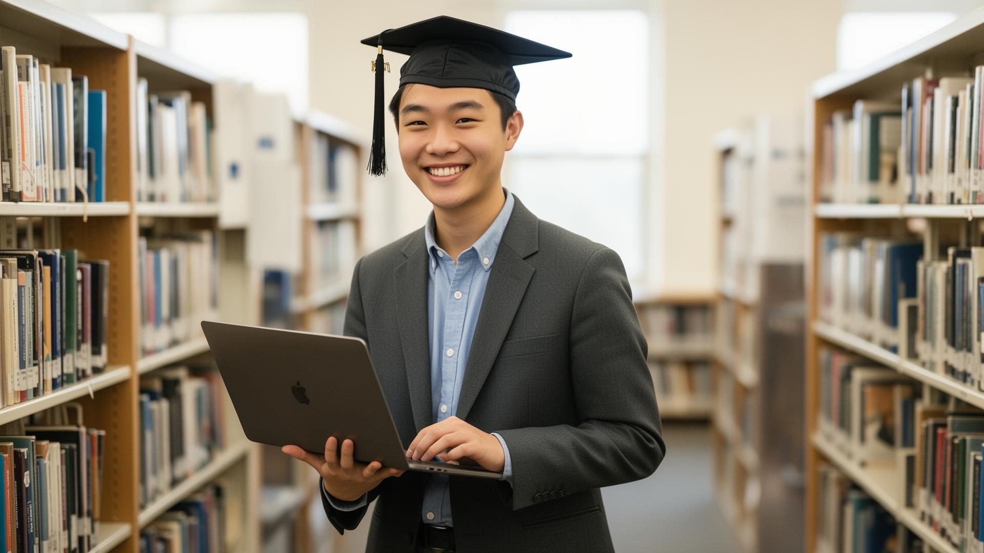 Smiling graduate holding a laptop in a bright library