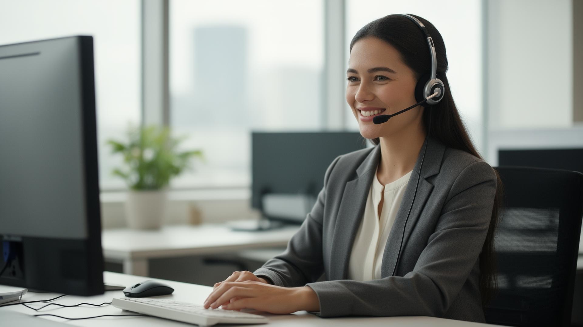 Customer service representative smiling at her desk